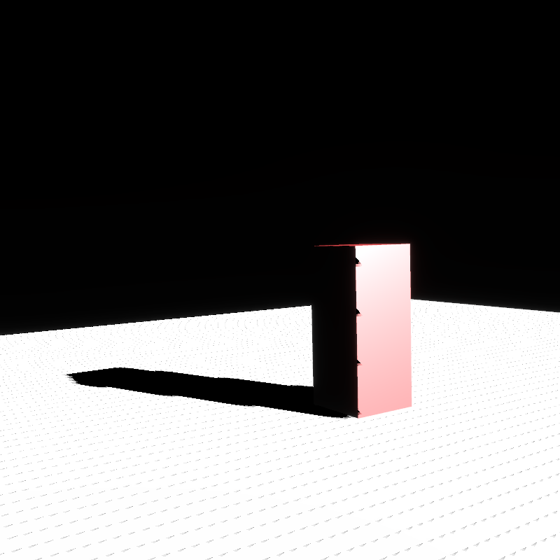 a scene showing a red cuboid on a white plane, with an ok shadow