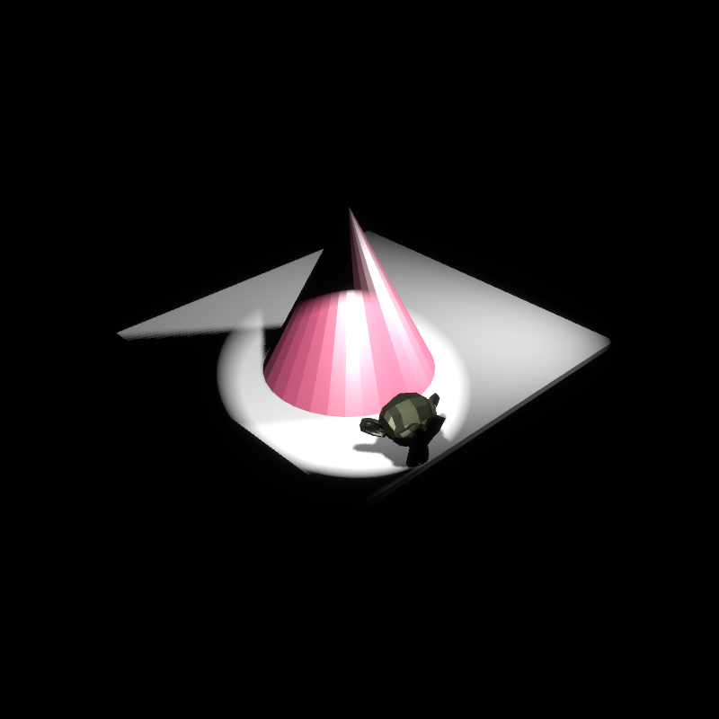 a scene with a cone and suzanne the blender monkey, with two spot lights showing nice shadows
