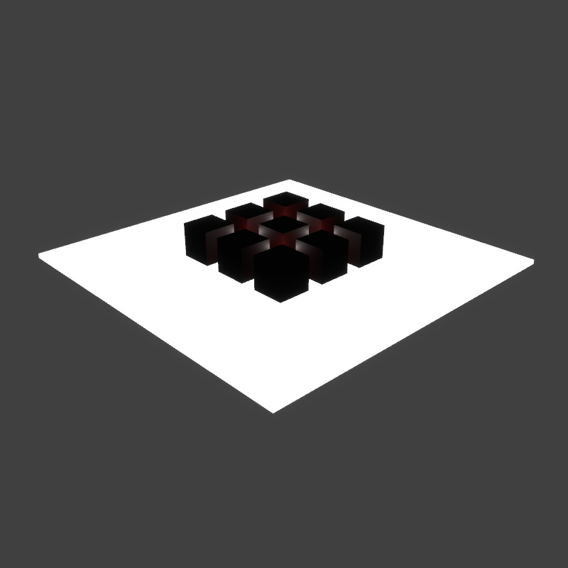 a scene with 9 red cubes lit by 4 point lights, rendered by Renderling without support for point light shadow maps, adjusted