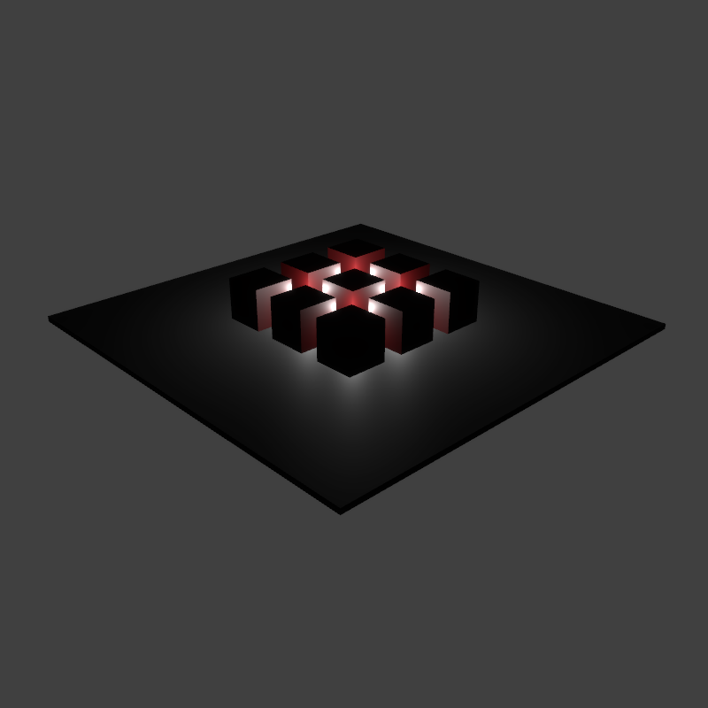 a scene with 9 red cubes lit by 4 point lights, rendered by Renderling without support for point light shadow maps, better with materials