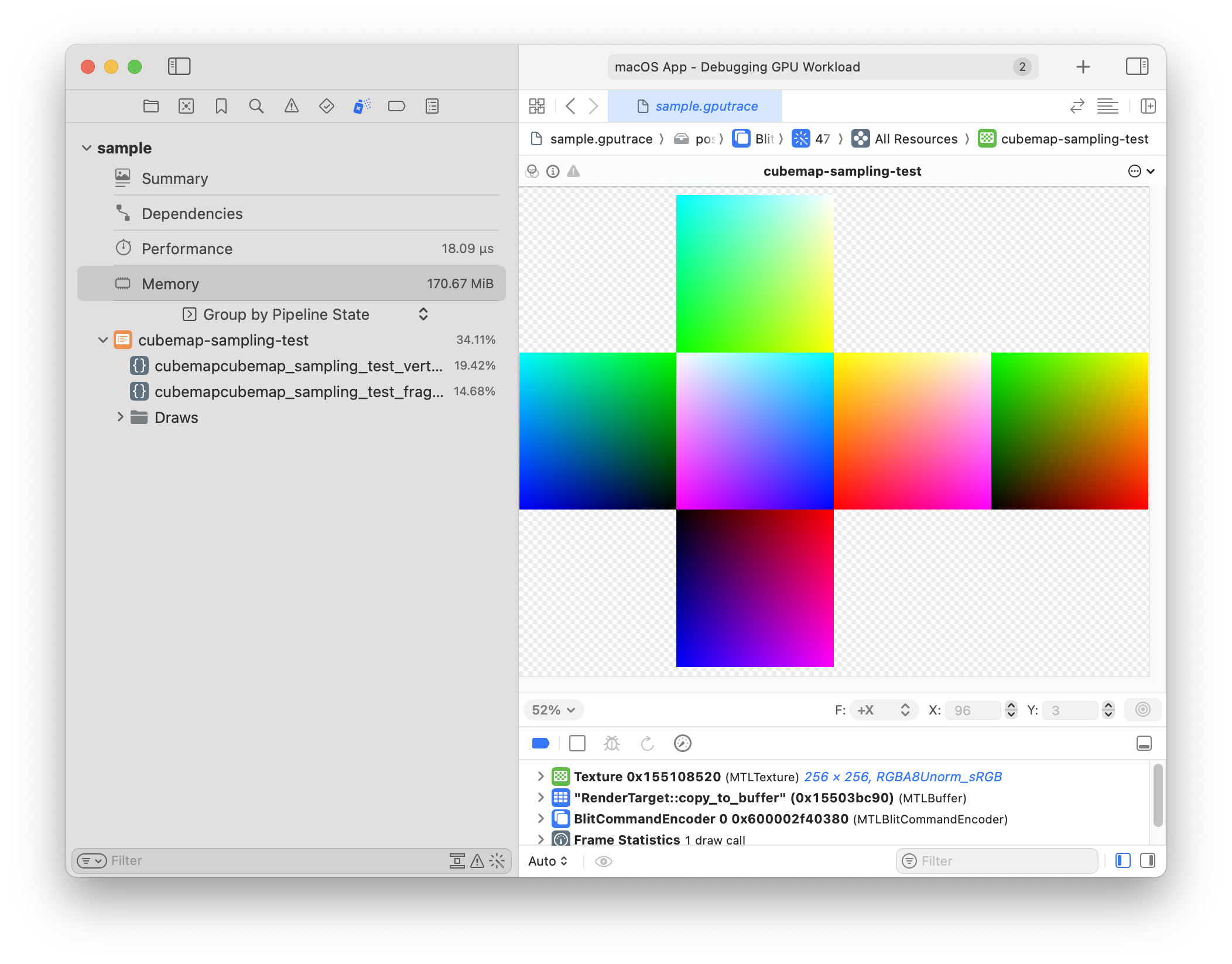 the color cube, as a cubemap, seen in an xcode GPU trace file
