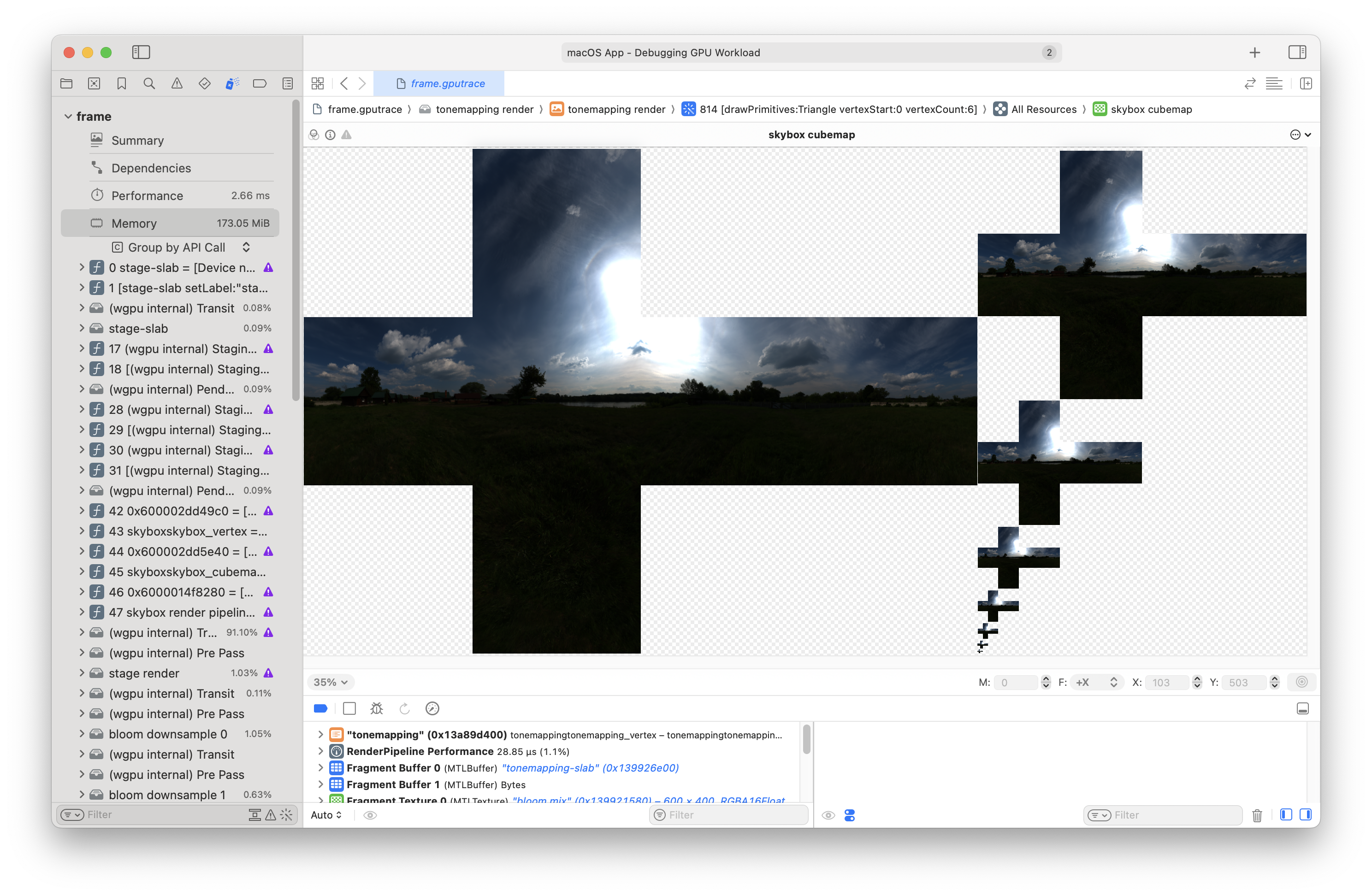 GPU tracing showing a skybox's cubemap