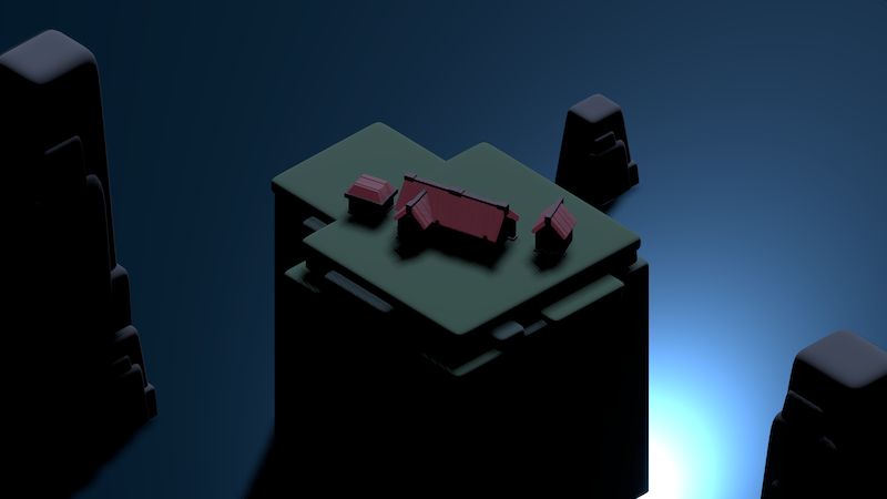a simple scene of a moon-lit house on a plateau in the middle of the ocean