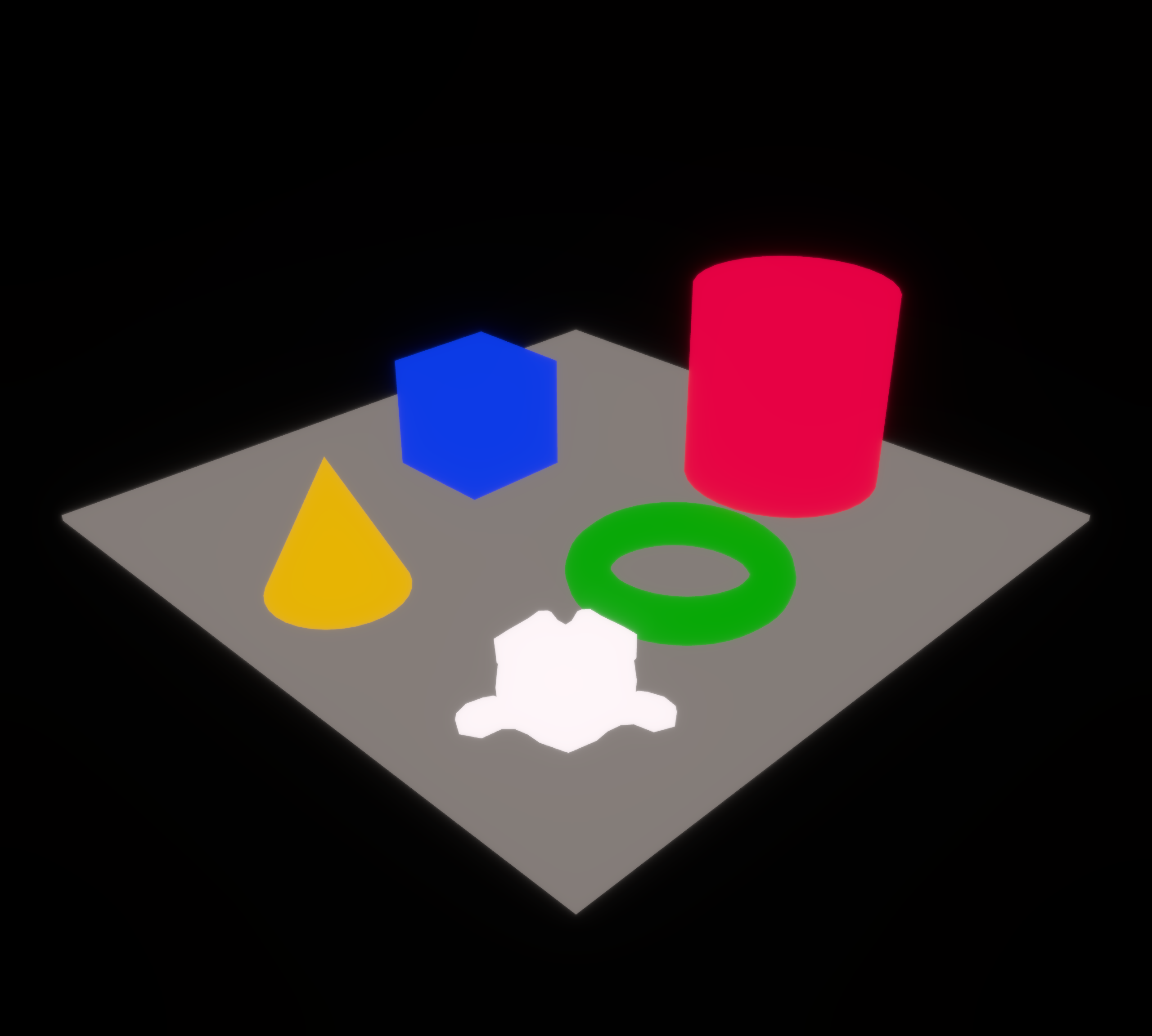 a small scene with a couple shapes, including Suzanne, no lighting