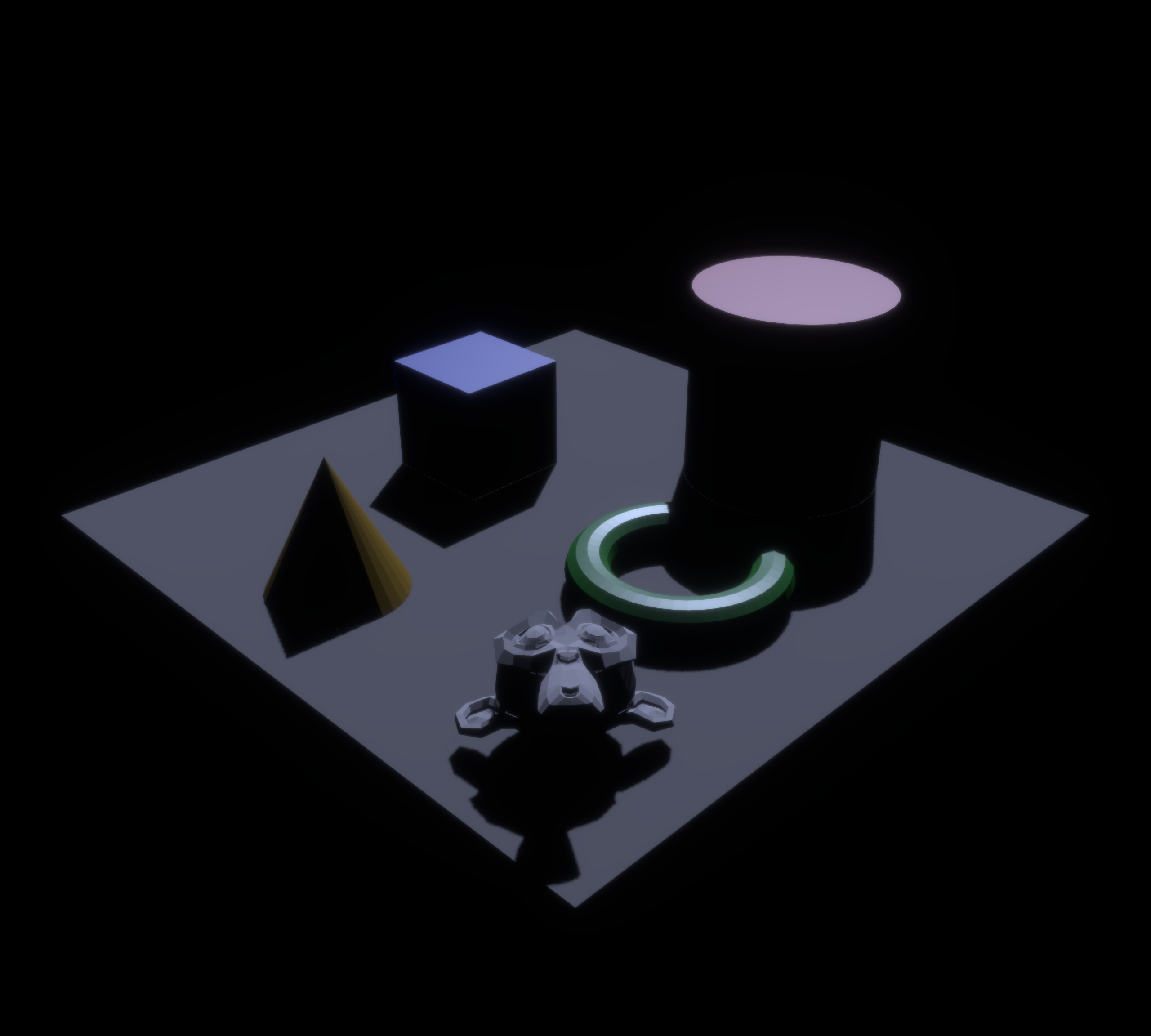 a small scene with a couple shapes, including Suzanne, with lighting