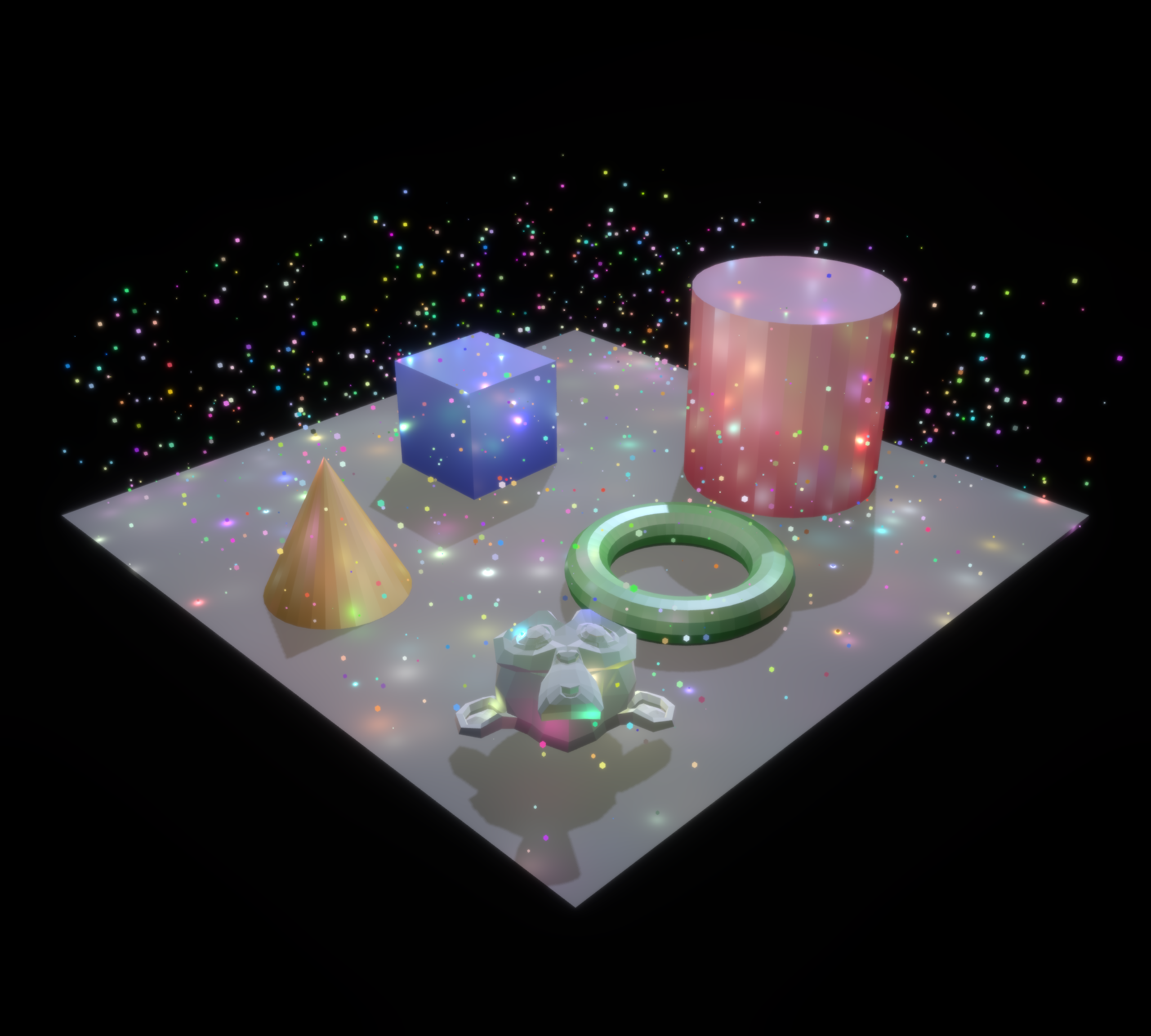 a small scene with a couple shapes, including Suzanne, with lighting and extra point lights