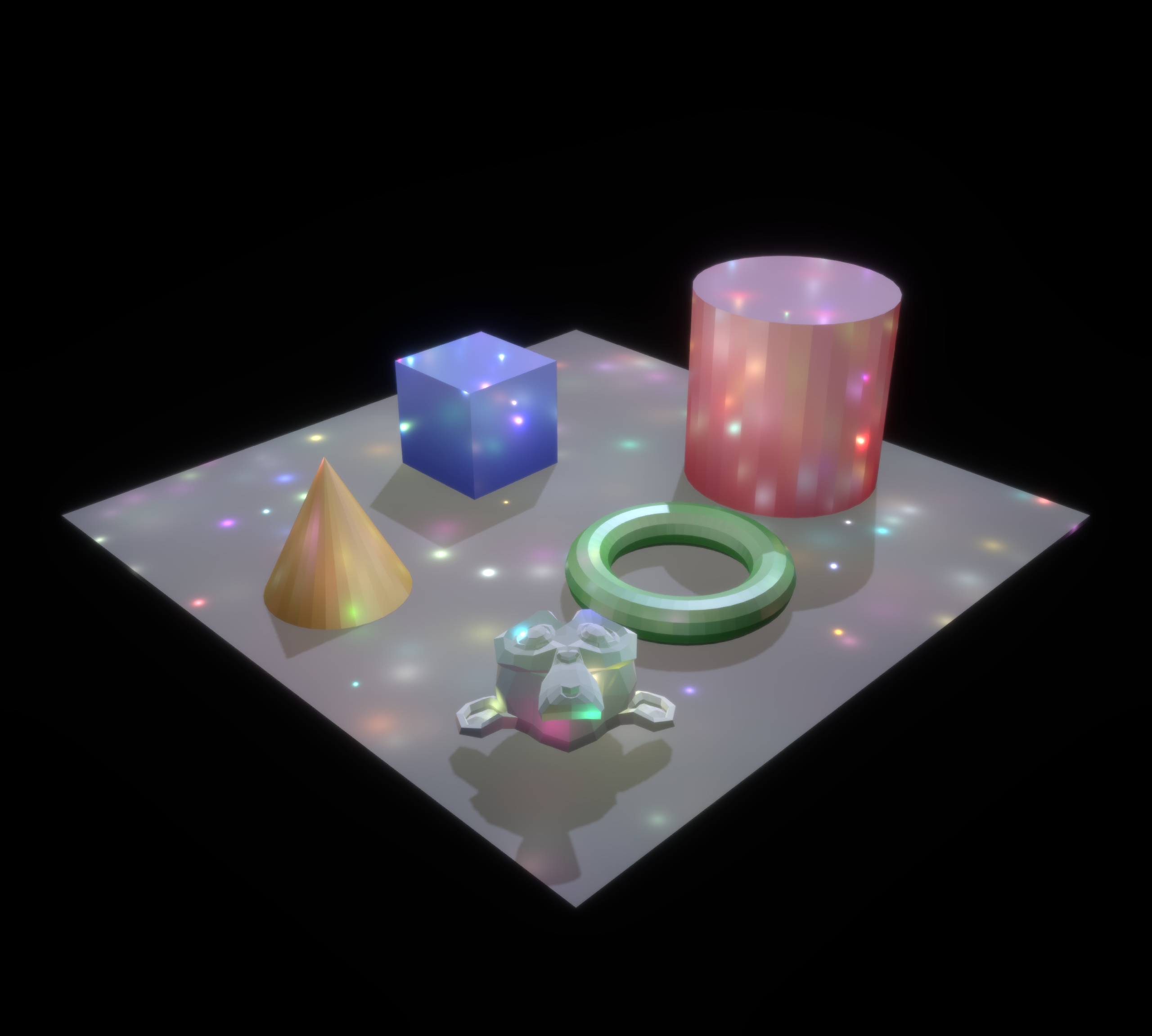 a small scene with a couple shapes, including Suzanne, with lighting and extra point lights, but no meshes for the lights