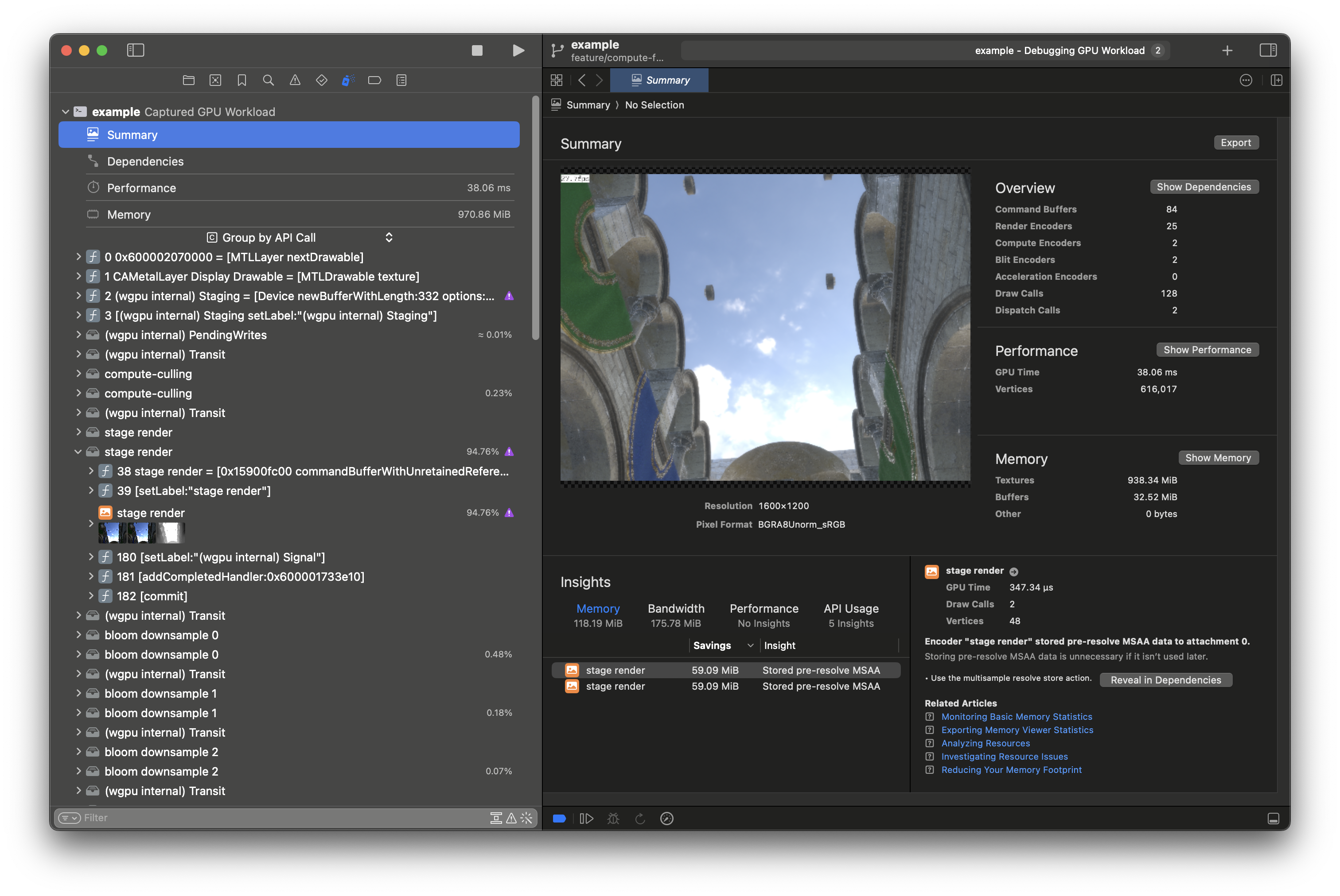 renderling Sponza GPU frame capture after naive compute-culling