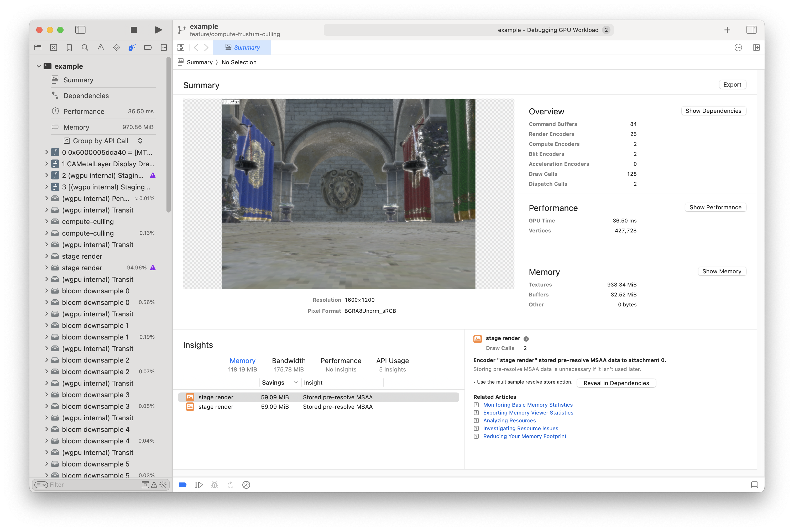 renderling Sponza GPU frame capture after some debugging of the naive compute-culling